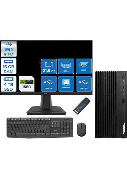 Msı Pro DP180 Intel Core I5 12400 16GB 4tb SSD 4GB/GTX1650/128BIT 21.5" Monitör Freedos Masaüstü Bilgisayar MON16GT21422XTRF03 + Zettausbbellek