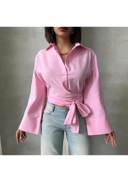 Pırıl Pembe Geniş Kol Yandan Bağlamalı Trend Gömlek PIRIL-3779