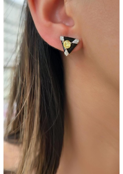 Ithal Çift Sarı Buz Kesim Siyah Üçgen Gümüş Küpe