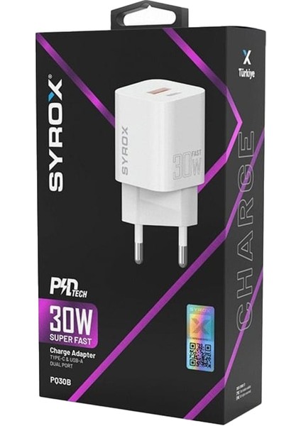 PDQ30B 30W Pd Qc 3.0 1xusb-A + 1xtype-C Port Çıkışlı Şarj Cihazı – Beyaz / 30W Pd Super Fast Charge Adapter Type-C & Usb-A Dual Port
