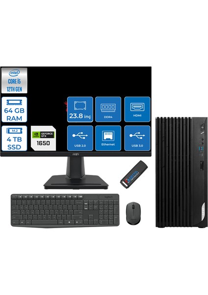 Msı Pro DP180 Intel Core I5 12400 64GB 4tb SSD 4GB/GTX1650/128BIT 23.8" Monitör Freedos Masaüstü Bilgisayar MON16GT23422XTRF19 + Zettausbbellek