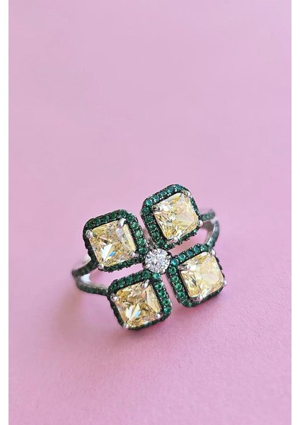 Ithal Sarı Buz Kesim Yeşil Gümüş Yüzük