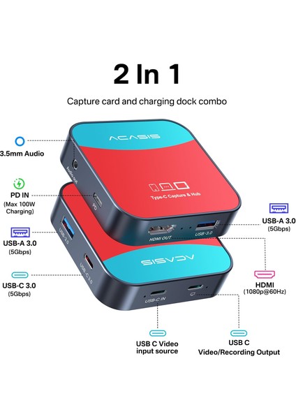 VC003PRO Type-C Kayıt Cihazı ve Hub,100W Pd, 1080P 60Hz Kayıt Cihazı