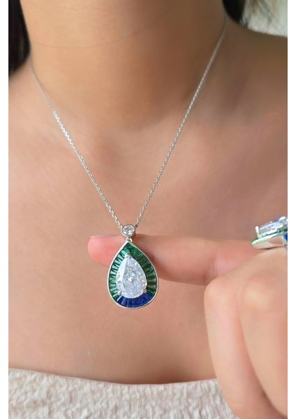 Ithal Mavi Yeşil Baget Damla Gümüş Kolye