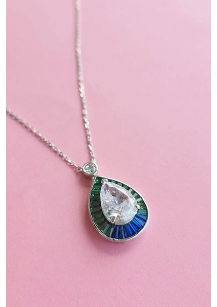 Ithal Mavi Yeşil Baget Damla Gümüş Kolye fiyatları