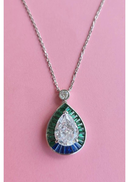 Ithal Mavi Yeşil Baget Damla Gümüş Kolye modelleri