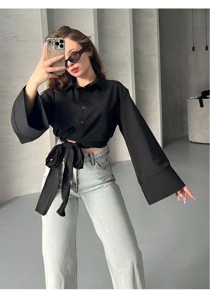 Pırıl Siyah Geniş Kol Yandan Bağlamalı Trend Gömlek PIRIL-3779
