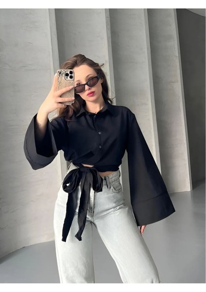 Pırıl Siyah Geniş Kol Yandan Bağlamalı Trend Gömlek PIRIL-3779