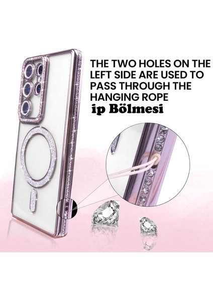 Samsung Galaxy S24 Ultra Kılıf Simli Magsafe Wirelles Şarj Destekli Kenarları Taşlı Swarovski Özel Taşlı Kılıf Simli modelleri