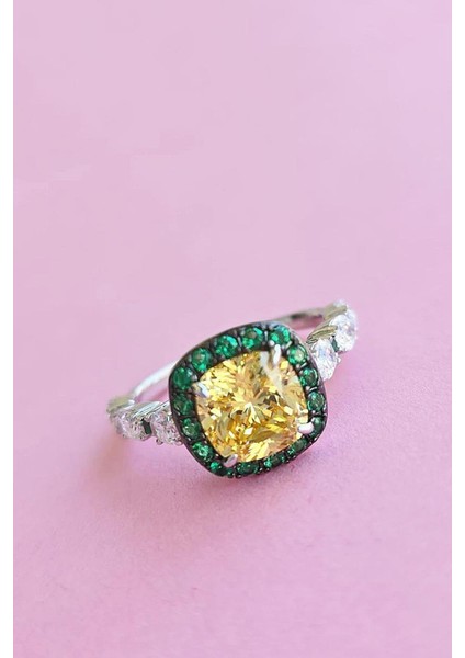 Ithal Yeşil ve Sarı Kare Gümüş Yüzük