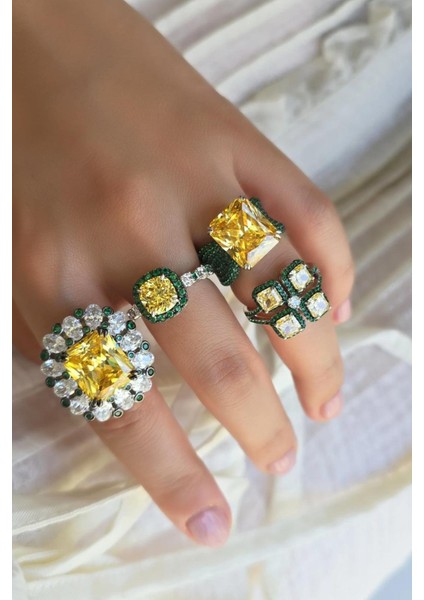 Ithal Yeşil ve Sarı Kare Gümüş Yüzük fiyatları