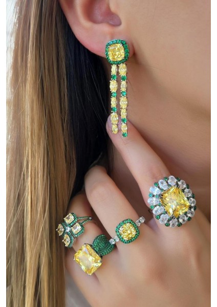 Ithal Yeşil ve Sarı Kare Gümüş Yüzük fırsatları