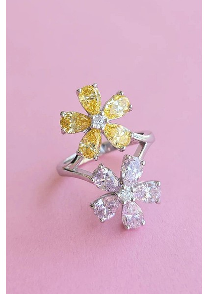 Ithal Premium 2li Lotus Çiçeği Sarı Pembe Gümüş Yüzük