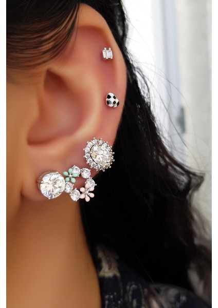 Tekli Ithal Flower Mineli Çiçekli Gümüş Küpe modelleri