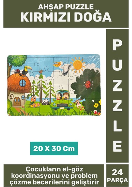 Premium Eğlenceli Eğitici Görsel Algı Problem Çözme Becerisi Çocuk Puzzle 24 Parça Kırmızı Doğa