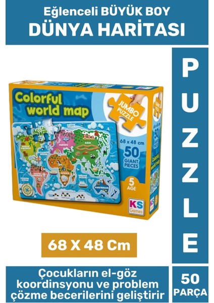 Eğlenceli Eğitici Görsel Algı Problem Çözme Becerisi Çocuk Puzzle 50 Parça Büyük Boy Dünya Haritası
