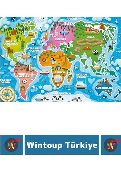 Eğlenceli Eğitici Görsel Algı Problem Çözme Becerisi Çocuk Puzzle 50 Parça Büyük Boy Dünya Haritası