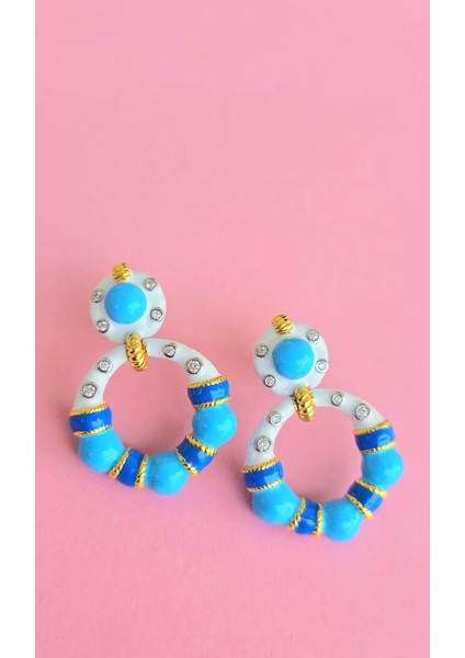 Çift Ithal Bombeli Halka Mavi Mineli Gümüş Küpe