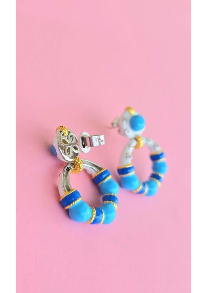 Çift Ithal Bombeli Halka Mavi Mineli Gümüş Küpe modelleri