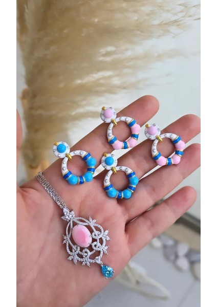 Çift Ithal Bombeli Halka Mavi Mineli Gümüş Küpe fırsatları