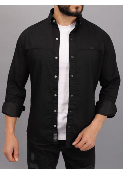 Erkek Siyah Slim Fit Dar Kalıp Cepsiz Robalı Kot Gömlek