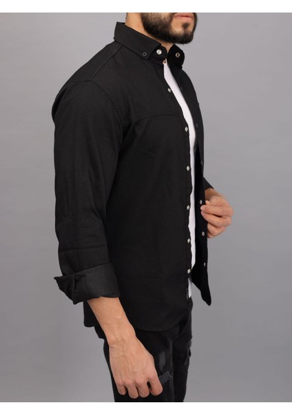 Erkek Siyah Slim Fit Dar Kalıp Cepsiz Robalı Kot Gömlek modelleri