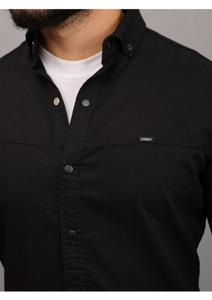 Erkek Siyah Slim Fit Dar Kalıp Cepsiz Robalı Kot Gömlek fırsatları