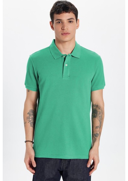 Erkek Slim Fit Dar Kesim Pamuk Yeşil Polo Yaka Tişört