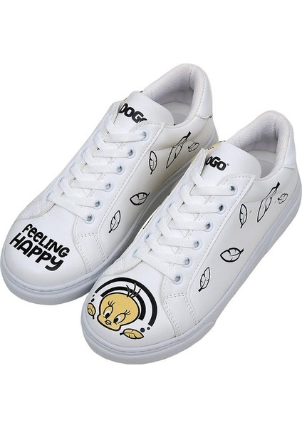 Kadın Vegan Deri Beyaz Sneakers - Warner Bros Feeling Happy Tasarım