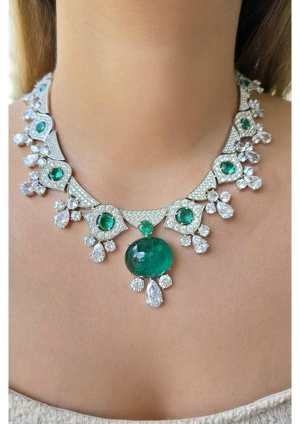 Ithal Kök Zümrüt Vıp Figürlü Damla Gümüş Kolye