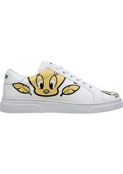 Kadın Vegan Deri Beyaz Sneakers - Warner Bros Feeling Happy Tasarım fırsatları