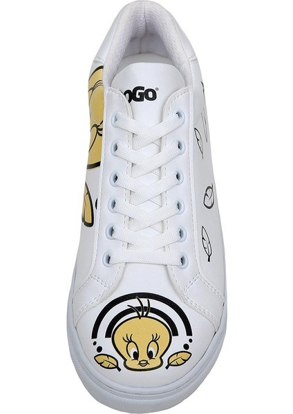 Kadın Vegan Deri Beyaz Sneakers - Warner Bros Feeling Happy Tasarım indirimleri