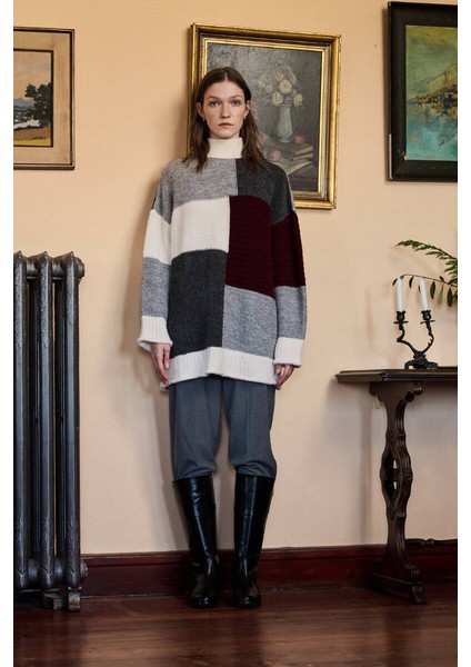 Bordo Gri Patchwork Kazak modelleri