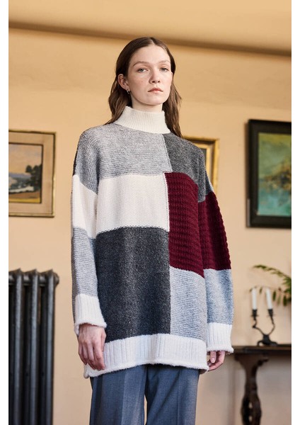 Bordo Gri Patchwork Kazak indirimleri