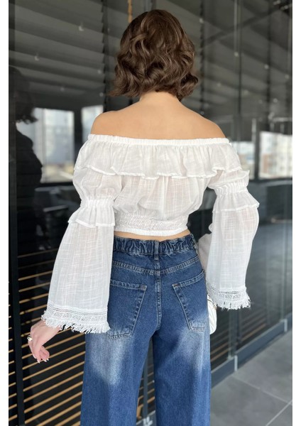 Kadın Yaka ve Bel Büzgülü Fırfırlı Crop Top Bluz modelleri