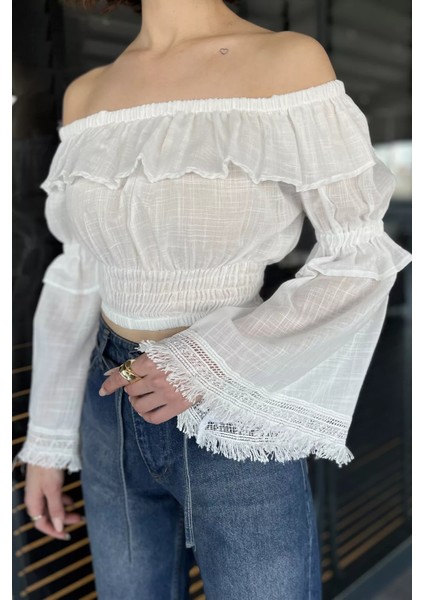Kadın Yaka ve Bel Büzgülü Fırfırlı Crop Top Bluz
