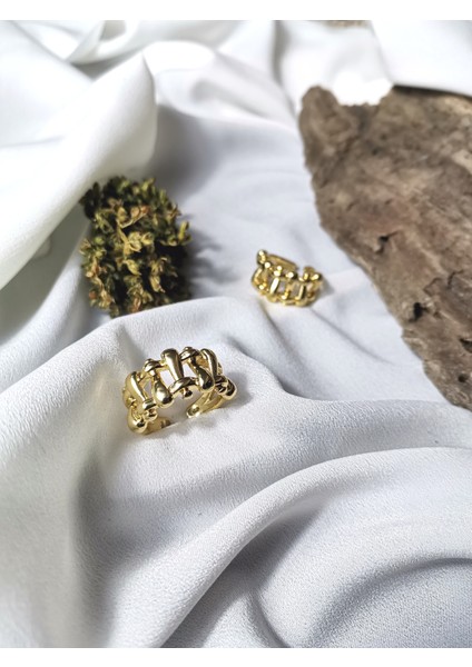 Kadın Gold Renk Chain Link 316L Çelik Ayarlanabilir Yüzük modelleri