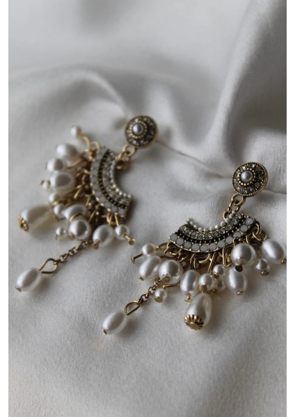 İncili ve Zirkon Taşlı Vintage Sallantılı Küpe