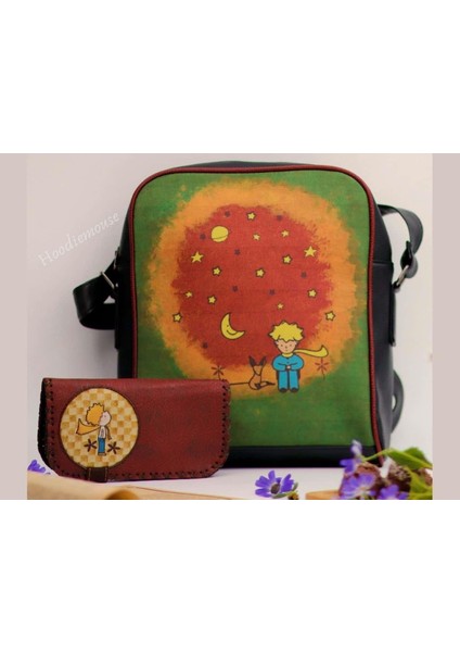 Küçük Prens Figürlü Büyük Postacı Kol Çantası Etnik Bohem Style Çanta Siyah, Cüzdan Bordo Kombin