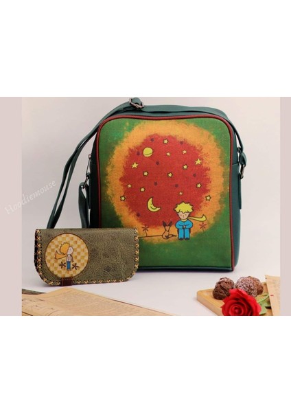 Küçük Prens Figürlü Büyük Postacı Kol Çantası Etnik Bohem Style Çanta Siyah, Cüzdan Yesil Kombin