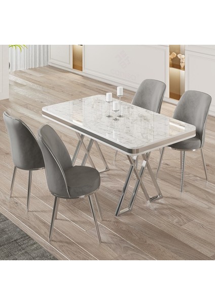 Vals Serisi 80 x 130 Lak Panel Beyaz Mermer Desen Krom Ayak Masa Takımı ve 4 Gri Sandalye