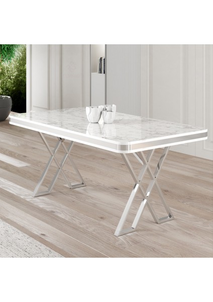 Vals Serisi 80 x 130 Lak Panel Beyaz Mermer Desen Krom Ayak Masa Takımı ve 4 Gri Sandalye