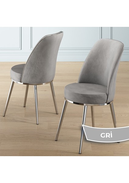 Vals Serisi 80 x 130 Lak Panel Beyaz Mermer Desen Krom Ayak Masa Takımı ve 4 Gri Sandalye