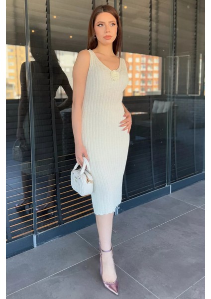 Gül Detaylı Kadın Örme Triko Elbise ( Içlikle Giyilmesi Önerilir)