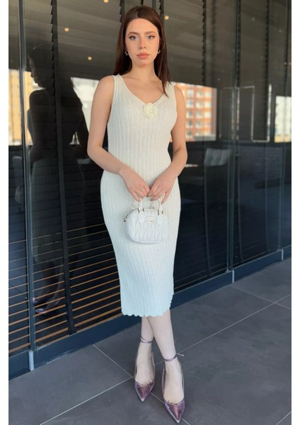Gül Detaylı Kadın Örme Triko Elbise ( Içlikle Giyilmesi Önerilir)