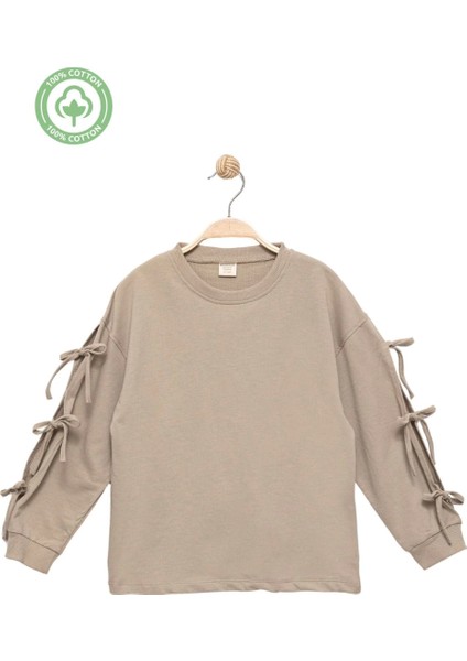 Kız Çocuk %100 Pamuk Fiyonklu Bej Sweatshirt - Rahat ve Şık Stil