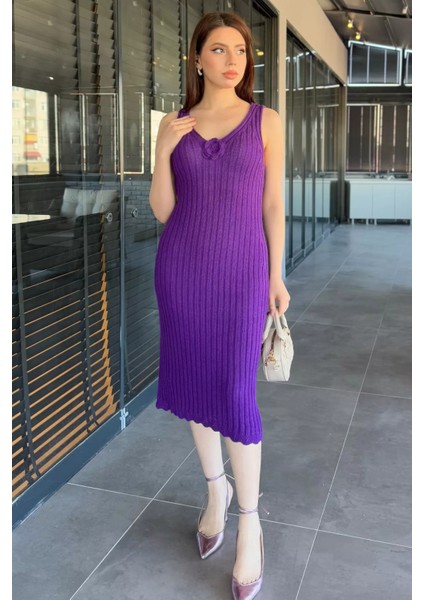 Gül Detaylı Kadın Örme Triko Elbise ( Içlikle Giyilmesi Önerilir)