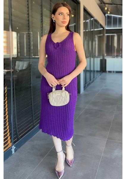 Gül Detaylı Kadın Örme Triko Elbise ( Içlikle Giyilmesi Önerilir)