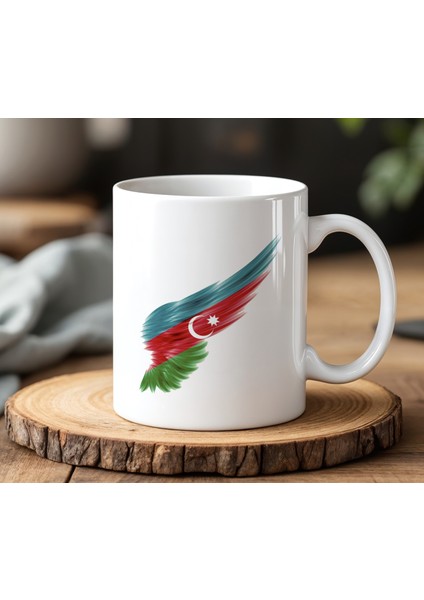 Azerbaycan Bayrağı Tasarımlı Beyaz Seramik Baskılı Kupa Bardak 330 ml
