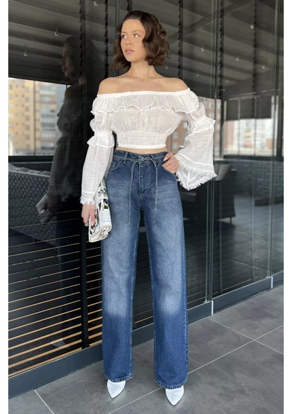 Bel Bağlamalı Bol Paça Kadın Jean Kot Pantolon